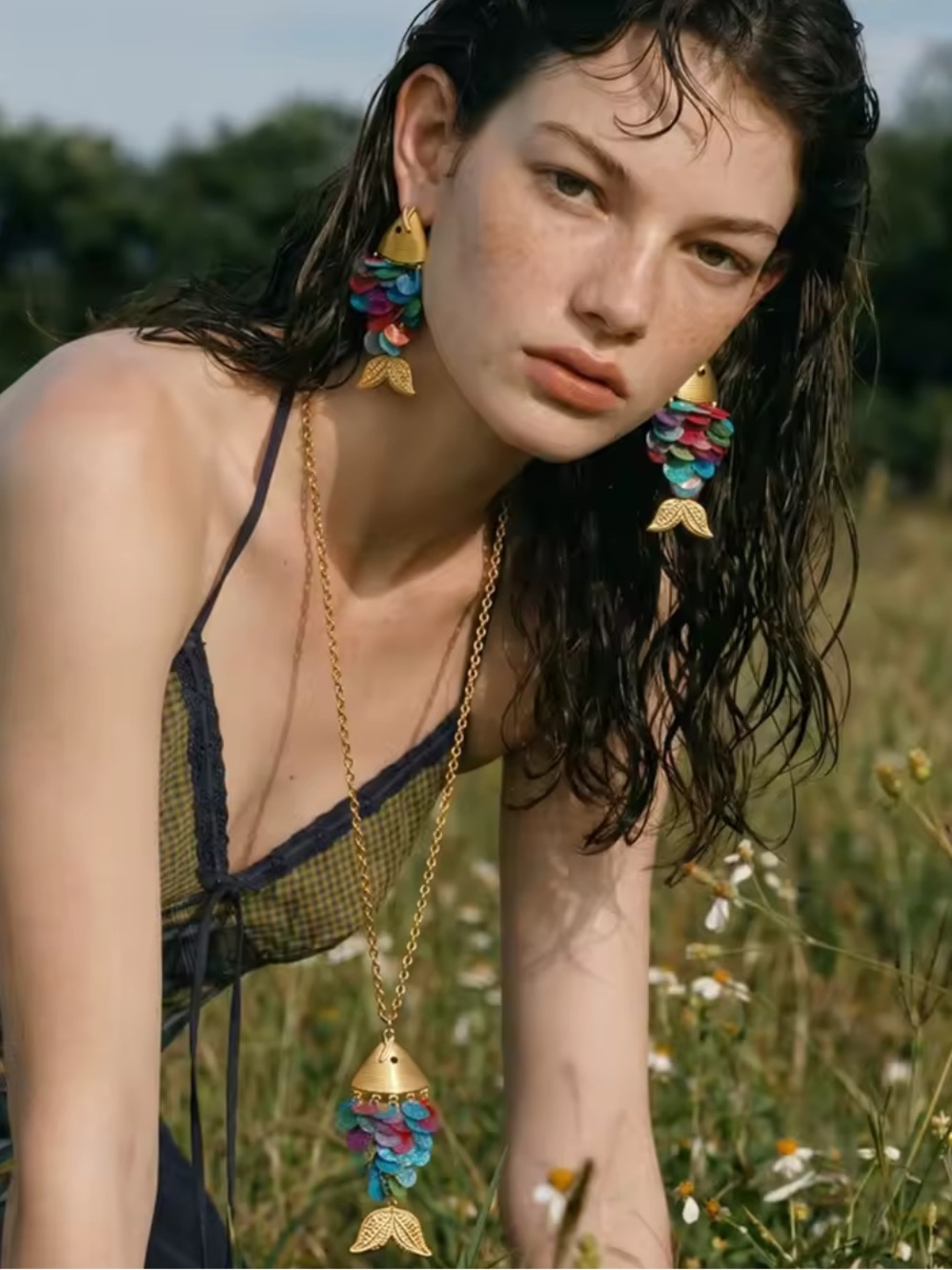 Artistic Gold Multicolor Sequin Fish Necklace & Earrings Set